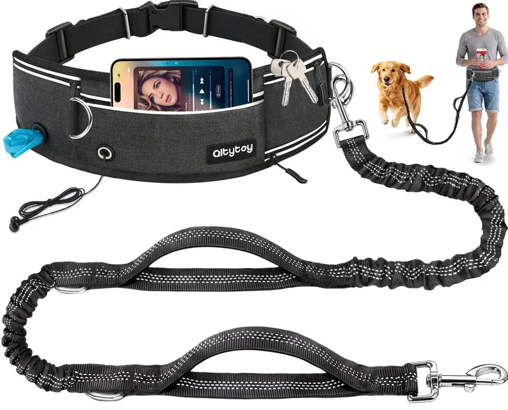 Qltytoy Hands Free Dog Leash, 240LB Heavy Duty Retractable with Partitioned Pouch Adjustable Waist Belt for Walking Running Jogging Hiking Biking Training for Medium/Large 25-120LBS Dog(Not for<25LBS)