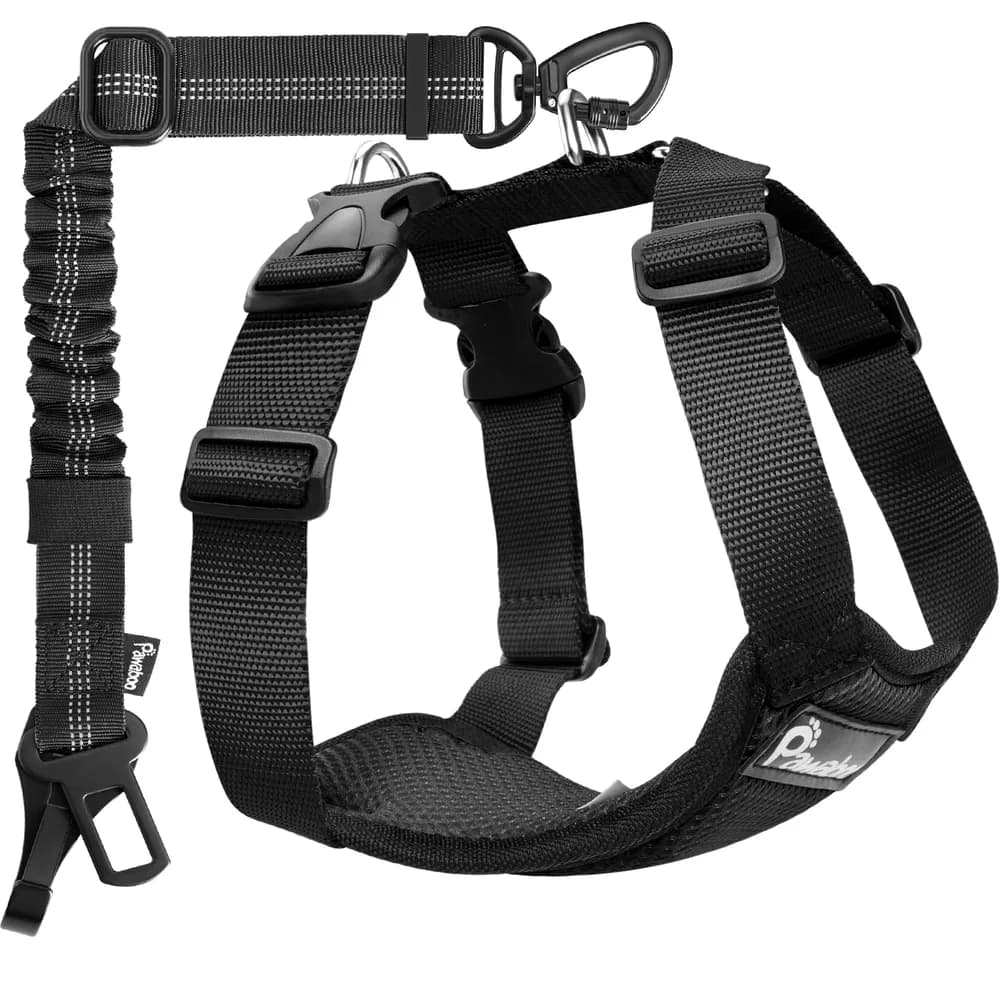 Pawaboo Pawaboo Dog Seat Belt Harness for Car, Dog Car Harness Seatbelt with Double Clips, Adjustable Breathable Pet Vest & Dogs Safety Tether with Elastic Bungee for Small Medium Large Pet, L, Black
