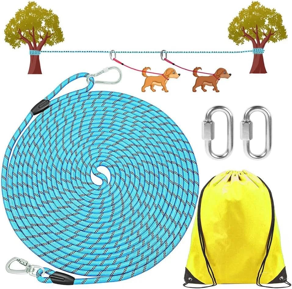 ZENGSUSU Multifunctional Reflective Dog Tie Out Cable 50ft for Camping & Backyard,Runner Trolley System for Dog Up to 300 lbs,Outdoor Zip Line Long Leash with Handle and Removable Connection Ring