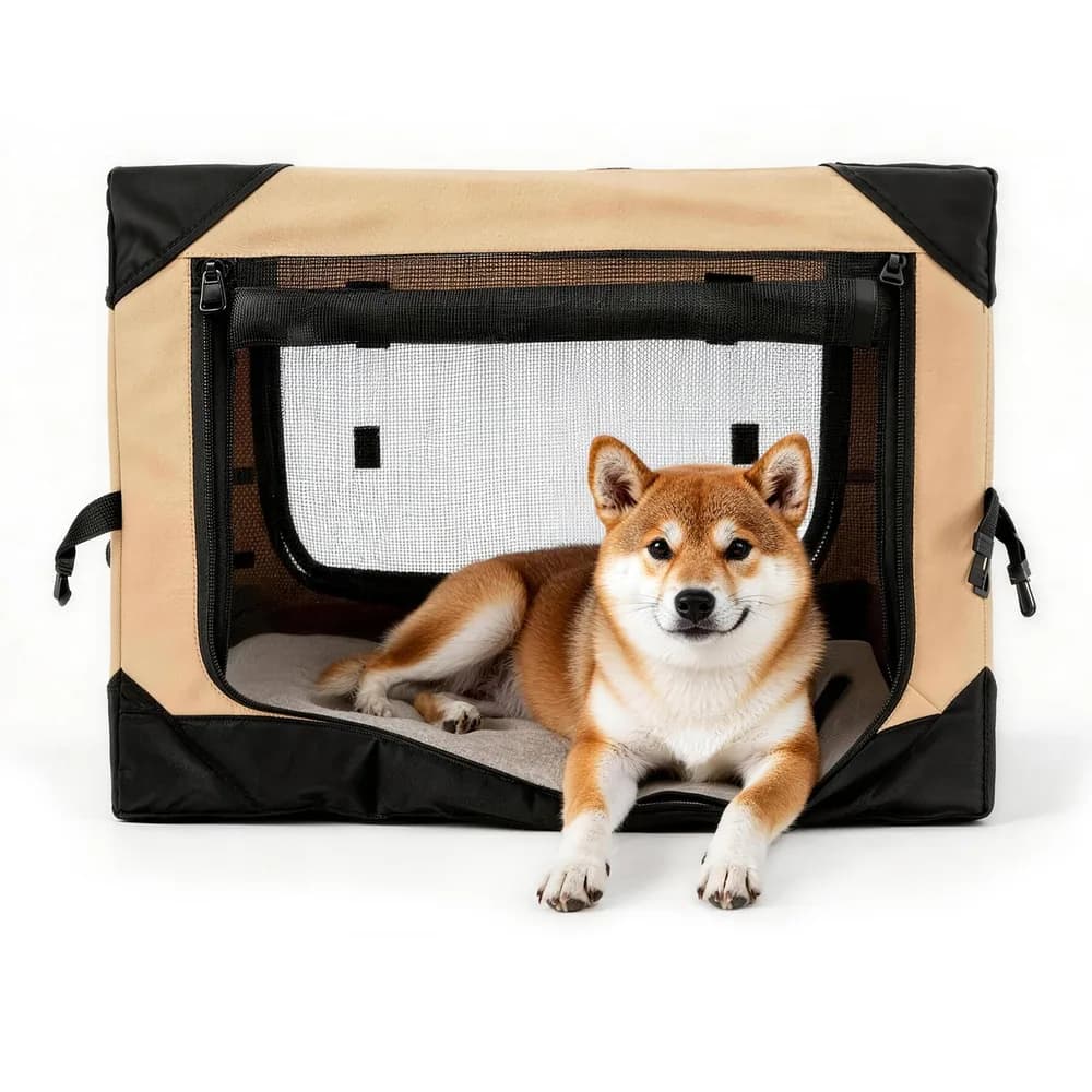 PETSEE 30 Inch Soft Collapsible Crate for Medium Dogs, 4-Door Portable Foldable Soft Kennel with Chew Proof Mesh Windows for Indoor & Outdoor Travel Beige