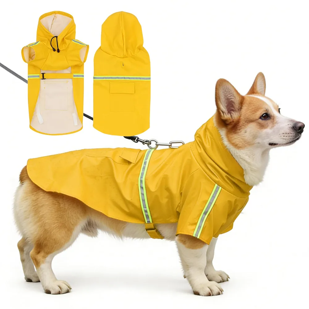 TAGOON Waterproof Dog Raincoat for Small to Extra Large Dogs-Adjustable Hooded Slicker Poncho,Reflective Dog Rain Jacket with Leash Hole for Outdoor Walking,Hiking Yellow L