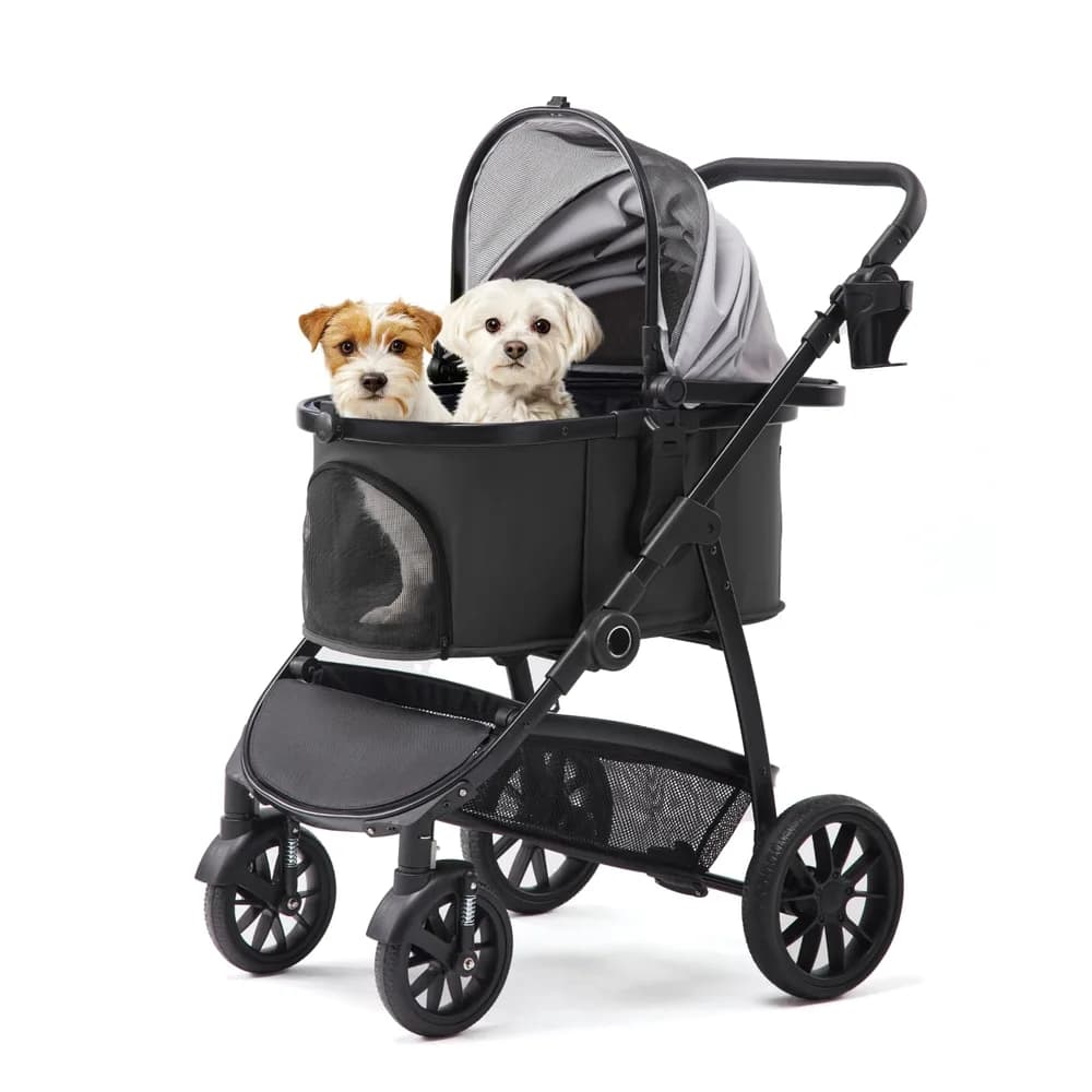 TerraPede 3-in-1 Pet Stroller for Medium Dogs & Cats, Detachable Aluminum Frame Carrier, All-Terrain 4-Wheel Dog Travel Carriage, Shock Absorption, Easy-Entry Low Door, Max 55lbs - Darkgrey