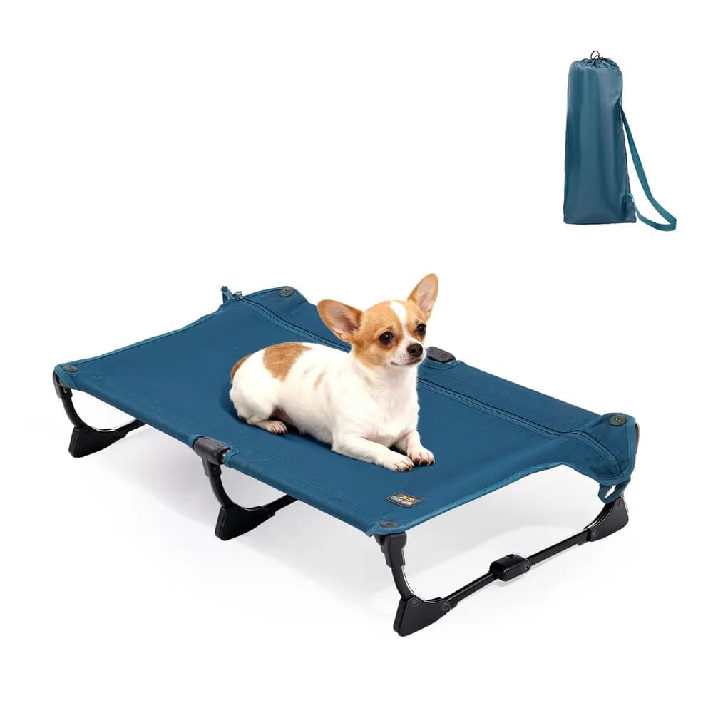 CANINE CANYON CANINE CANYON Upgraded Non-Slip Daisy Cot, Medium Foldable Elevated Dog Bed, Portable Raised Outdoor Dog Cot for Camping/Home, Chew Proof Waterproof Heavy Duty Up to 160 Lbs, Dark Blue, 32"x 23"