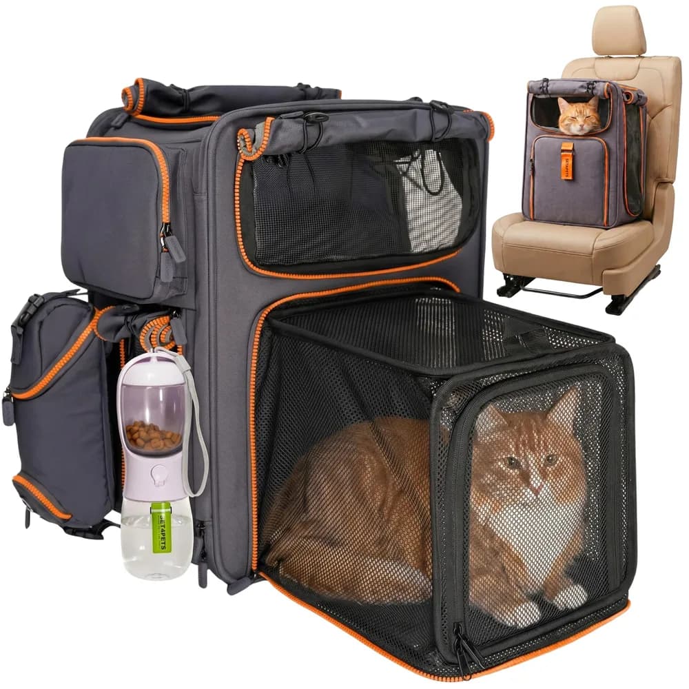 Set4Pets Expandable Cat Carrier Backpack – Spacious Cat Backpack Carrier with Rigid Frame & Car Seat Belt Securing System for Cats & Small Dogs up to 25 lbs – Ideal for Large Cats – Breathable, Durable