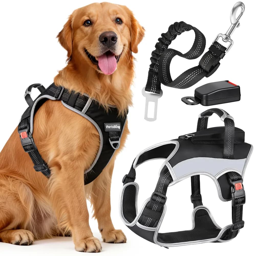 PartsBling PartsBling Dog Car Harness, Dog Seat Belt Harness for Car, No Pull Adjustable Dog Harness with Seat Belt Attachment, Breathable Padded Vest with Handle for Walking, Training & Car Travel, L