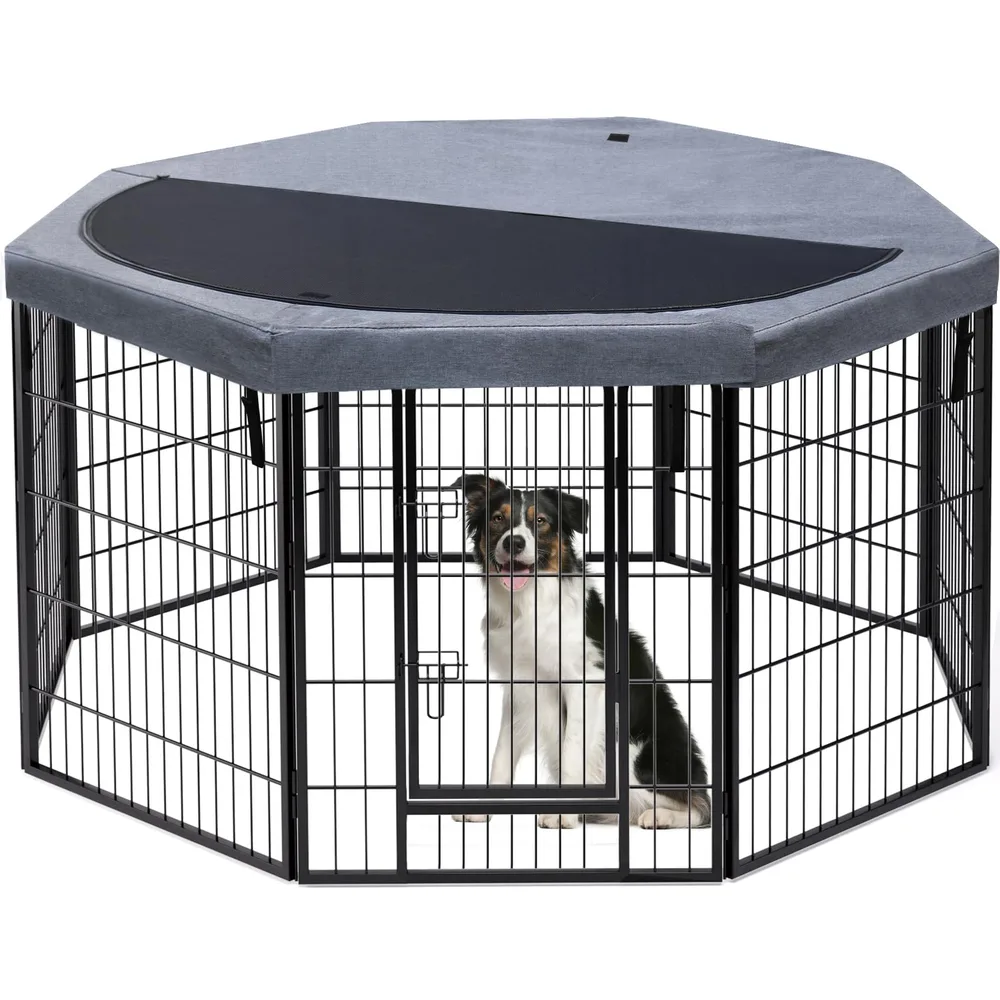 PETIME PETIME Dog Playpen,Metal Exercise Puppy Pen Heavy Duty Kennels Yard Fence Indoor/Outdoor 27" W x 32" H 8 Panels Dog Cage with Octagon Top Cover