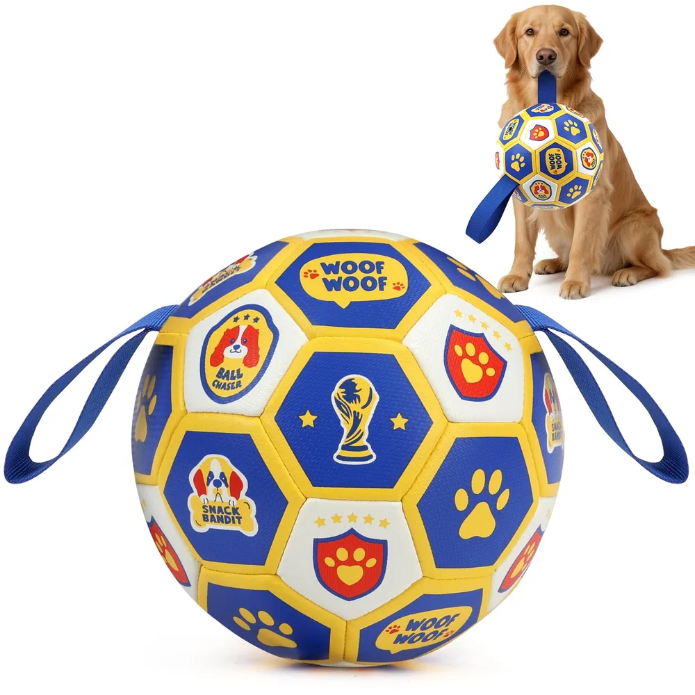 Vivifying Vivifying Dog World Cup Soccer Ball Toy, 8 Inch Floatable Interactive Dog Toy for Large and Extra Large Dogs, Durable PU Enrichment Ball with Nylon Straps for Outdoor Fetch, Training & Playing