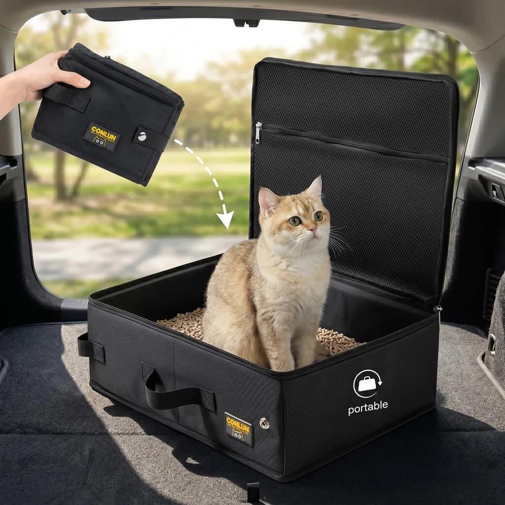 Conlun Conlun Portable Cat Litter Box for Travel, Foldable Leak-Proof | Zippered Lid, Mesh Pocket, 6in Deep Walls, Waterproof Oxford, Easy Clean, Car/Camping/RV/Airplane