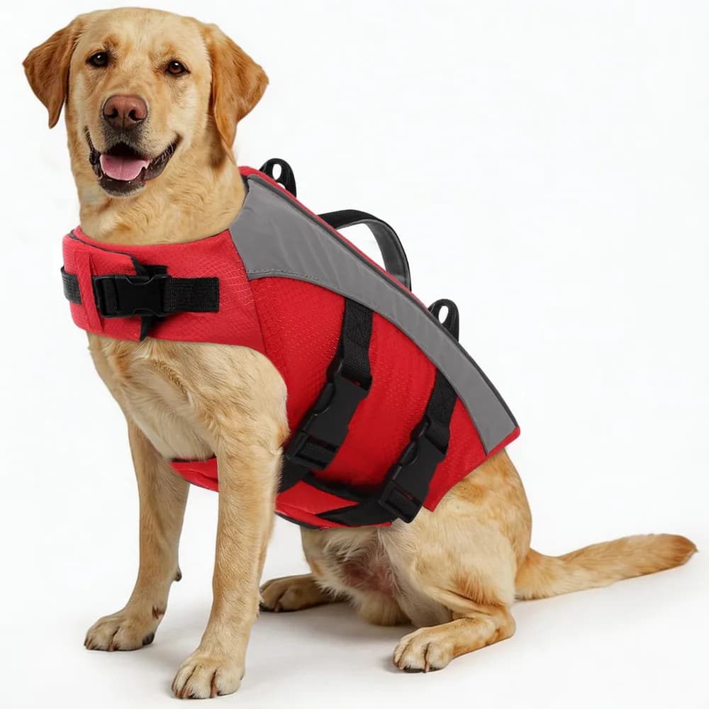 ASENKU ASENKU Dog Life Jacket with Reflective Stripes, Adjustable High Visibility Dog Safety Vest, Ripstop Lifesaver, Pet Preserver with High Flotation Swimsuit for Small, Medium and Large Dogs (Red, L)