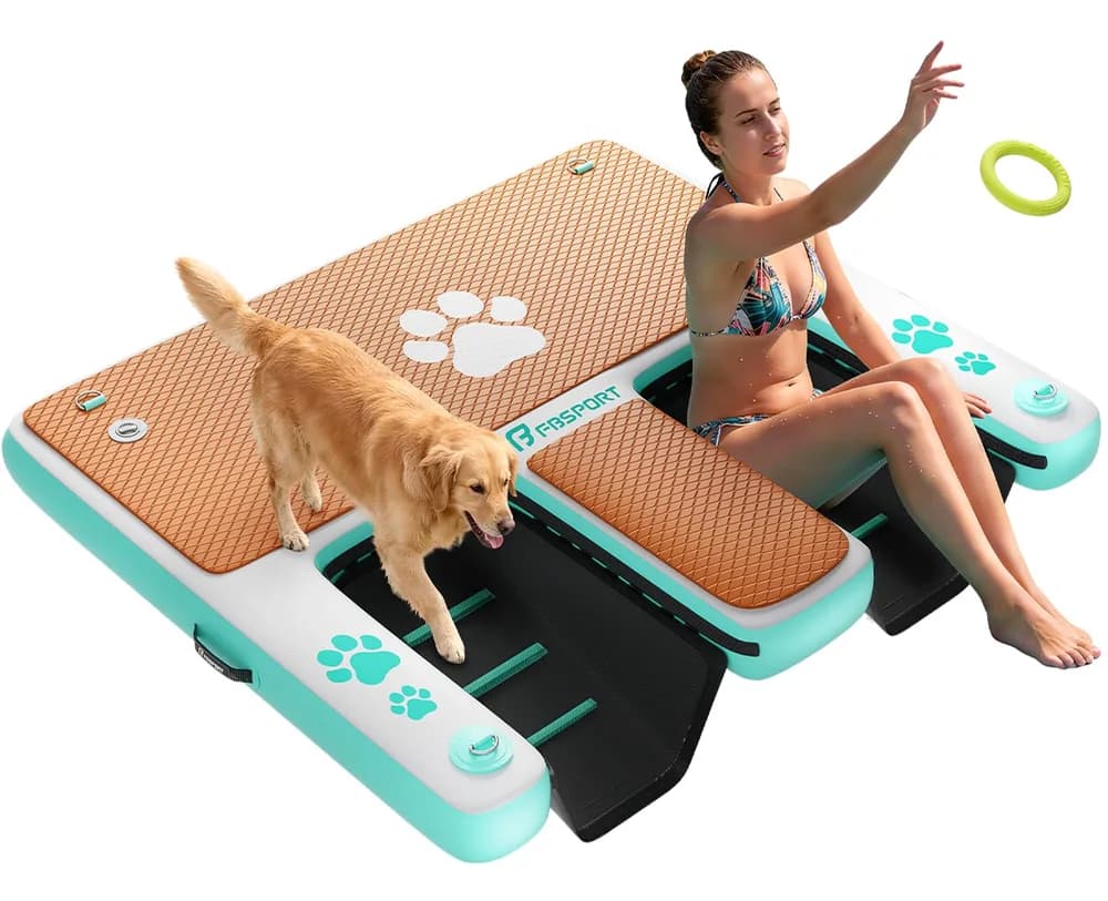 FBSPORT FBSPORT Inflatable Dog Boat Ramp with Double Water Ladders, 62"x59" Non-Slip EVA Covered Floating Ladder Dog Water Ramp for Pets and Adults - 400 lbs Capacity