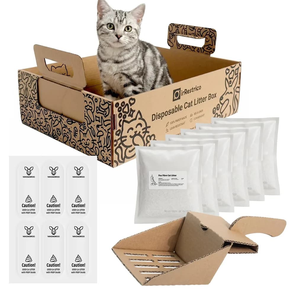 IRRESTRICO Cat Litter Travel Kit with Flushable Clumping Litter, Foldable Disposable Cardboard Litter Box & Scoop, Portable Cat Travel Essentials for Road Trips, Hotels, Moving & Emergency Use
