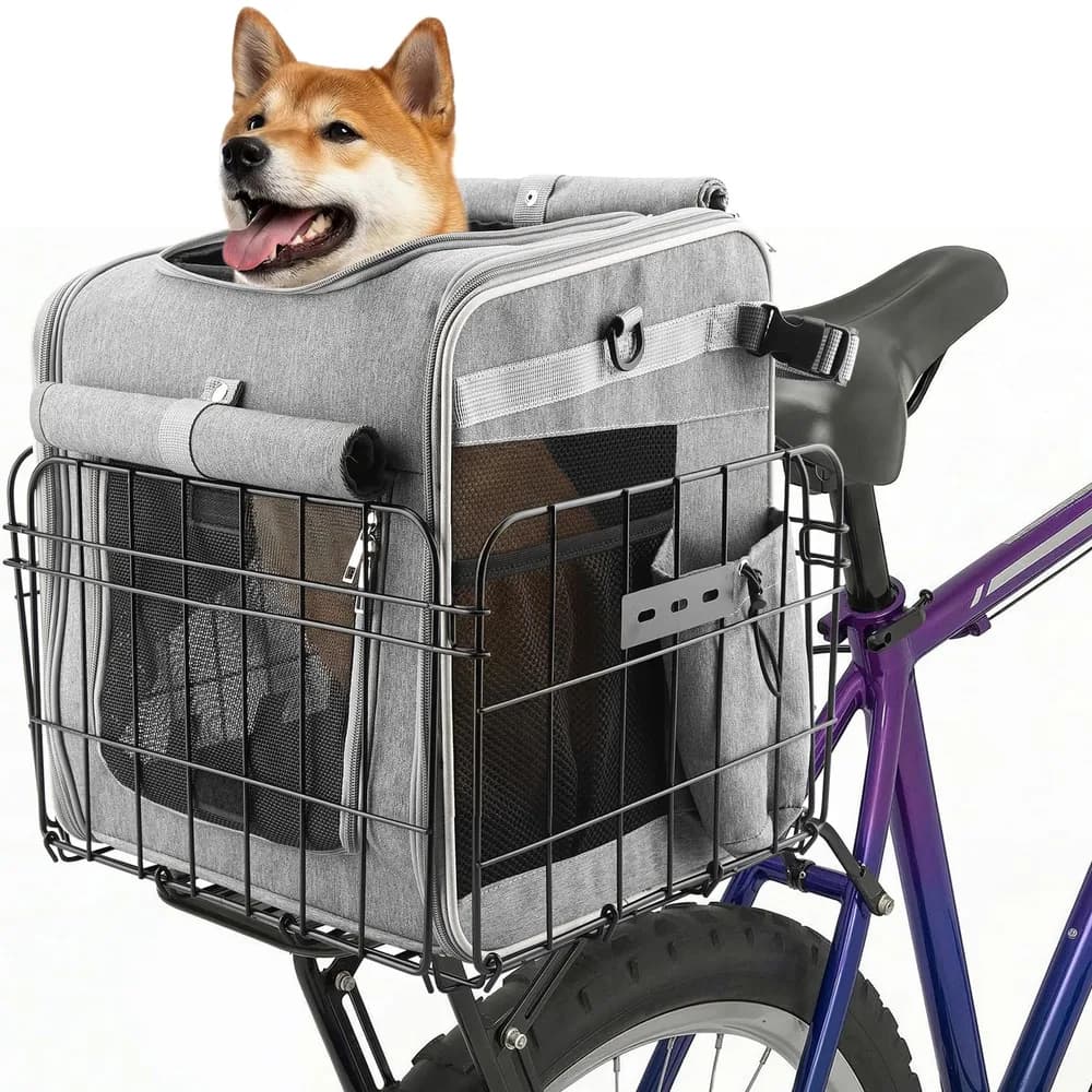 Ramalto Foldable Dog Bike Rear Basket with Safety Leash & Padded Liner, Pet Carrier for Small to Medium Dogs & Cats up to 22 lbs, Quick-Install Rear Bicycle Carrier for Travel