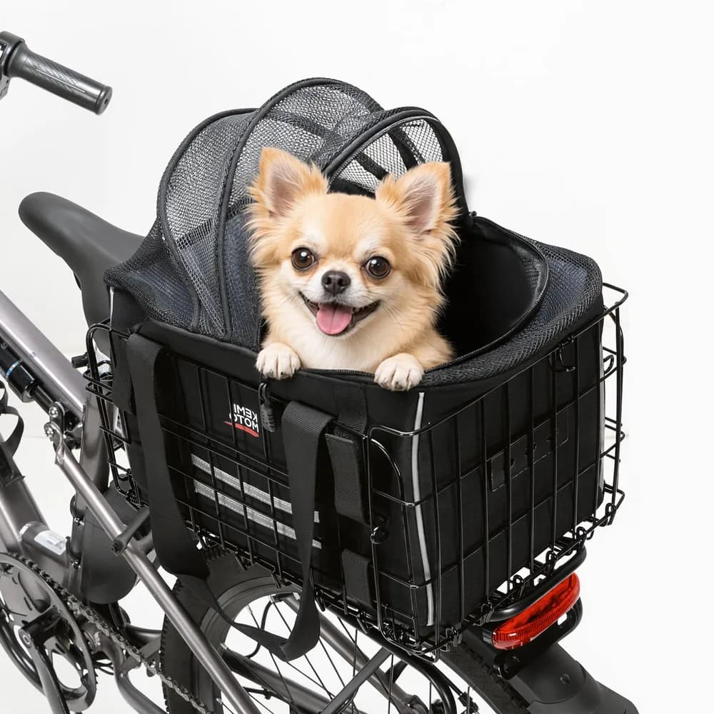 KEMIMOTO KEMIMOTO Dog Rear Bike Basket, Foldable Metal Frame with 900D Tear-Resistant Oxford – Cargo & Pet Carrier, Built-in Leash, Grey Interior for Heat Reduction, Fits Small Dogs & Cats up to 20 lbs