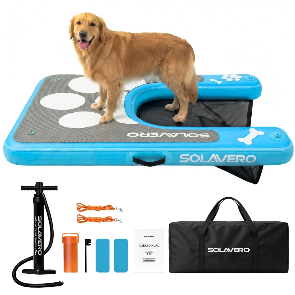 SOLAVERO SOLAVERO 60" × 40" Inflatable Dog Ramp Floats for Pool, Boat & Lake, Blue | 230lb capacity, pup plank with non-slip EVA & weighted 3D steps, easy inflate, safe access for all dogs & senior pets