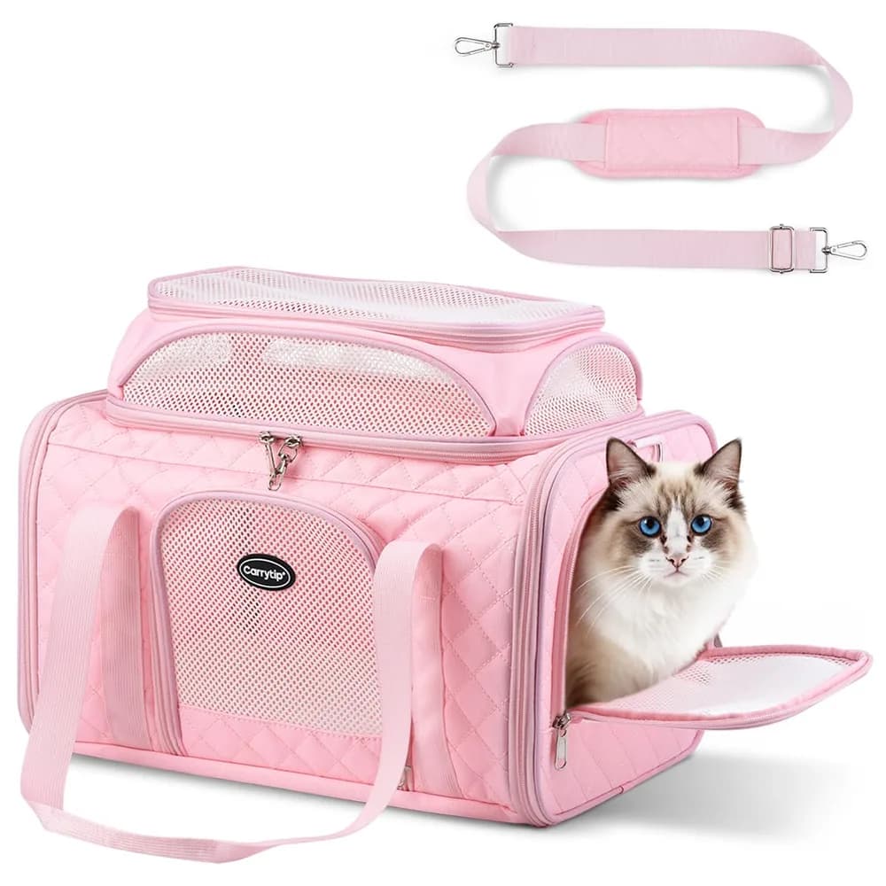 CarryTip Cat Carrier Airline Approved 17x11x9.5 Inches, Top Expandable Soft Sided Pet Travel Carrier for Cats & Small Dogs, Fits Under Airline Seat with Locking Zippers, Pink