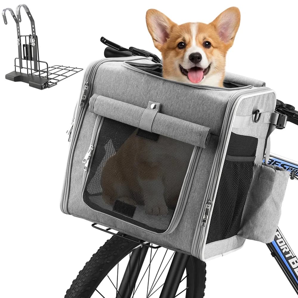 Xixter Xixter Dog Bike Basket Carrier – Secure Pet Bicycle Basket with Mesh, Safety Lanyard & Contains Metal Supports Reflective Strips for Small Dogs up to 22 lbs,Suitable for Mountain Bikes Grey