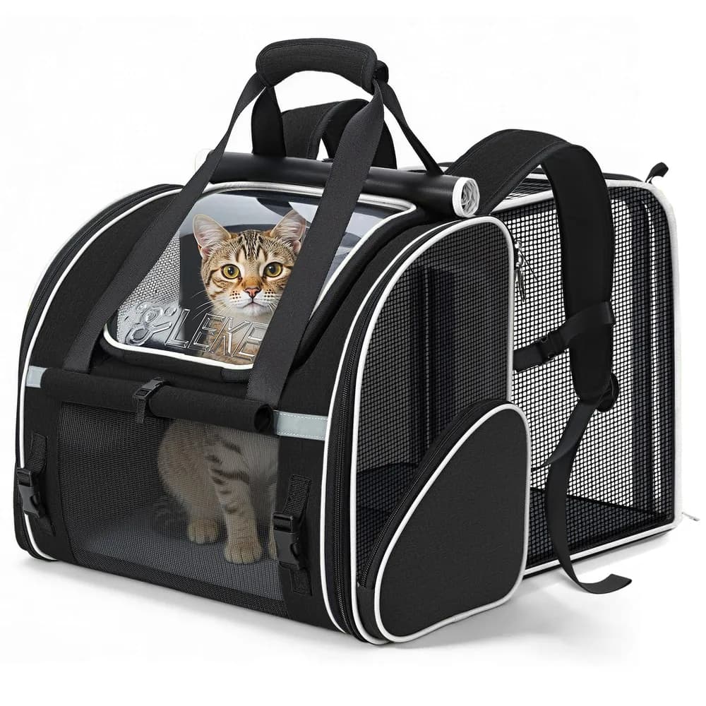 Lekereise Lekereise Expandable Cat Backpack Carrier for Cats and Small Dogs up to 18 lbs, Breathable Pet Carrier Backpack with Extra Space, Sun Shade, Safety Leash, Hand Carry for Travel and Vet Visits, Black