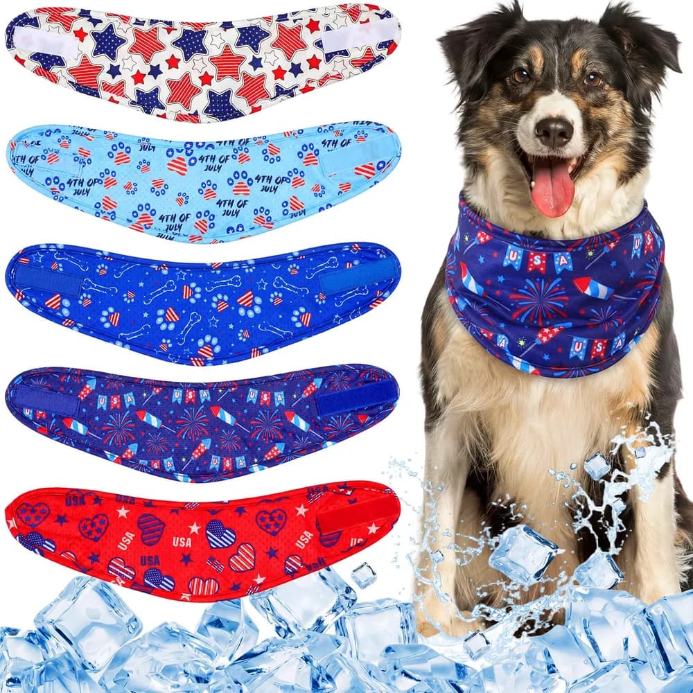 Dansydaisy Dansydaisy 5 Pcs 4th of July Dog Cooling Bandanas Patriotic Puppy Instant Cooling Neck Wraps Breathable Ice Scarf Pet Cooler Wraps for Small to Large Dog Training Accessories for Summer Party(L)