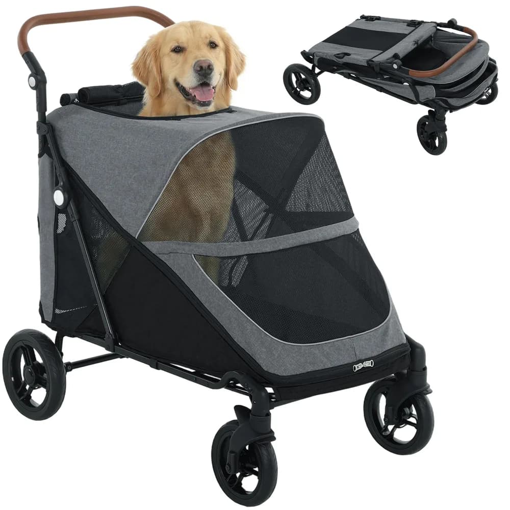 PawHut PawHut Dog Stroller for Large Dogs, One-Click Folding 4 Wheel Large Pet Stroller Wagon for Multiple Pets, All Terrain Spring Suspension w/ 8-Position Adjustable Handle, Mesh Window, Up to 66 LBS, Gray