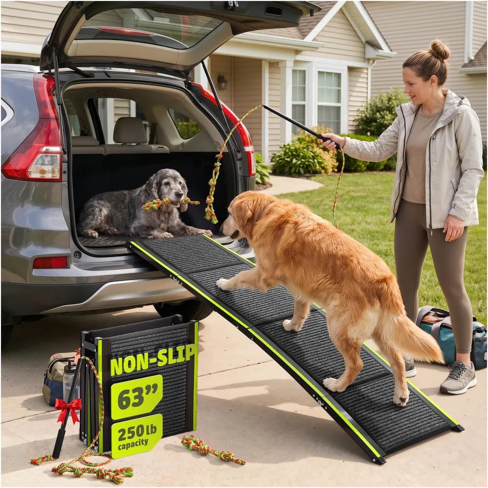 RAMPOLES Foldable Dog Ramp for Cars, Trucks & SUV - 63” Long, 250 LB Capacity | Reflective Edges, Flirt Pole and Built-in Carry Handle Included.