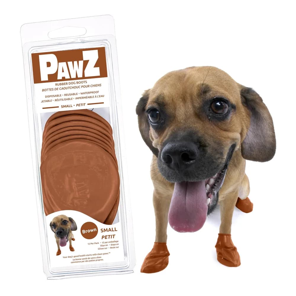 Protex PawZ PawZ Rubber Dog Boots for Small Paws - All-Weather Waterproof Dog Shoes, Anti-Slip Traction for Rain, Snow, Mud & Hot Pavement - Pull-On Dog Booties, Brown - Small (2"-2.5") - Pack of 12