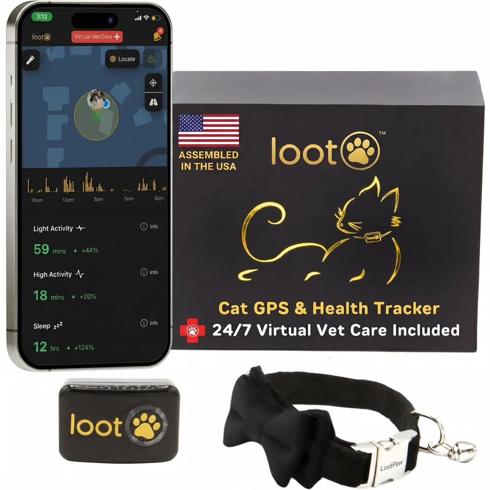 LootPaw LootPaw+ GPS Cat Tracker Collar | Real Time Cat GPS Tracker with App & Vet Support | Lightweight Pet Tracker for Cats, Health & Activity Monitor | 60-Day Free Trial