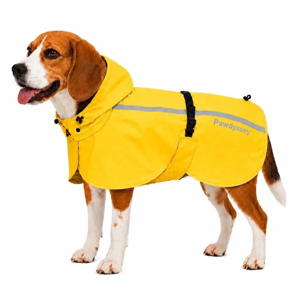 Pawdyssey Stretch Fabric Dog Raincoat with Hood, Reflective Rain Poncho for Medium Large Dogs, Adjustable Waterproof Dog Rain Jacket with Leash Opening, Bright Yellow, Medium