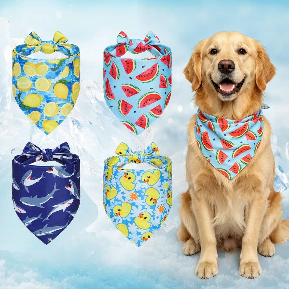 BINGPET BINGPET Dog Cooling Bandana for Large Dogs, 4 Pack Reusable Dogs Cooling Scarf Towels, Chill Out Instant Dog Cooling Neck Wrap with Cute Fruits Shark Duck Pattern for Summer Hot Days