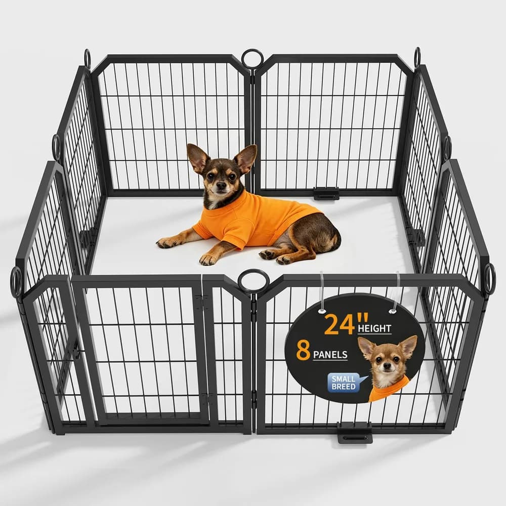 GarveeLife Small Dog Playpen Indoor 24 Inch 8 Panels Pet Pen with Door & Stakes Portable Exercise Puppy Playpens Metal Dogs Fence Outdoor for Yard RV Camping Training Trips Foldable Expandable