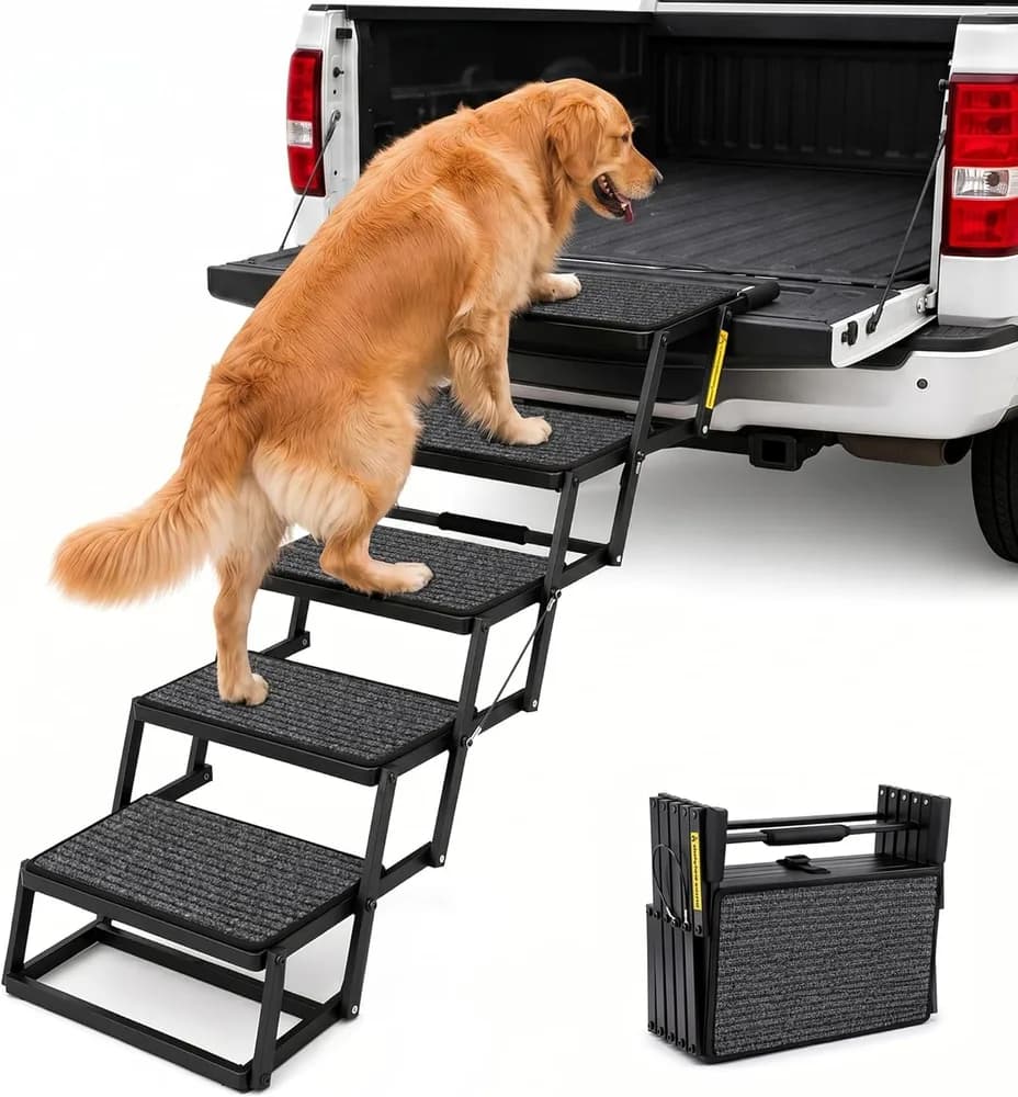 RISELITE 5-Step Heavy Duty Dog Stairs for Large Dogs, Truck Tailgate, 23-28.5 in | 200 lb capacity, foldable steel frame, 3mm safety cable, non-slip washable felt pads; folds to 17 x 13 x 6.3 in.