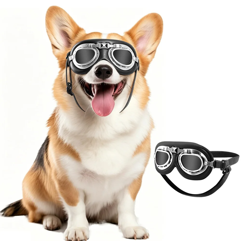Vameeco Dog Goggles, Vintage Dog Sunglasses Pet Glasses Eye Wear UV Wind Dust Fog Protection Wear with Adjustable Strap for Medium or Large Dog (BK-Black)