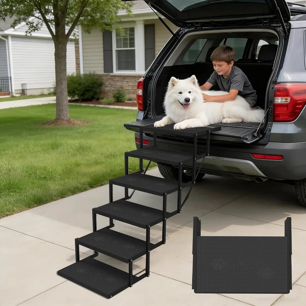 COZEER Dog Stairs for car, 6 Steps Foldable Dog Steps for Truck, Upgraded Non-Slip Pet Stairs for lagre Dogs, Metal Pet Stairs for SUV, Truck and Cars