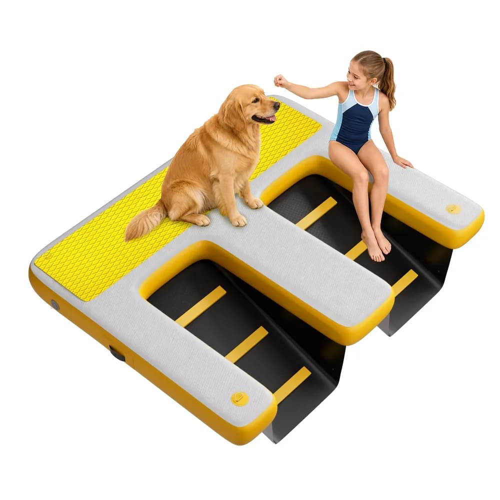 Viuseo Dual-Sided Inflatable Dog Boat Ramp Up to 500 LBS, 75"x59" Heavy Duty PVC Floating Dog Dock w/Non-Slip EVA, Pool Lake Water Ladder Ramps for Large Dogs & Adults