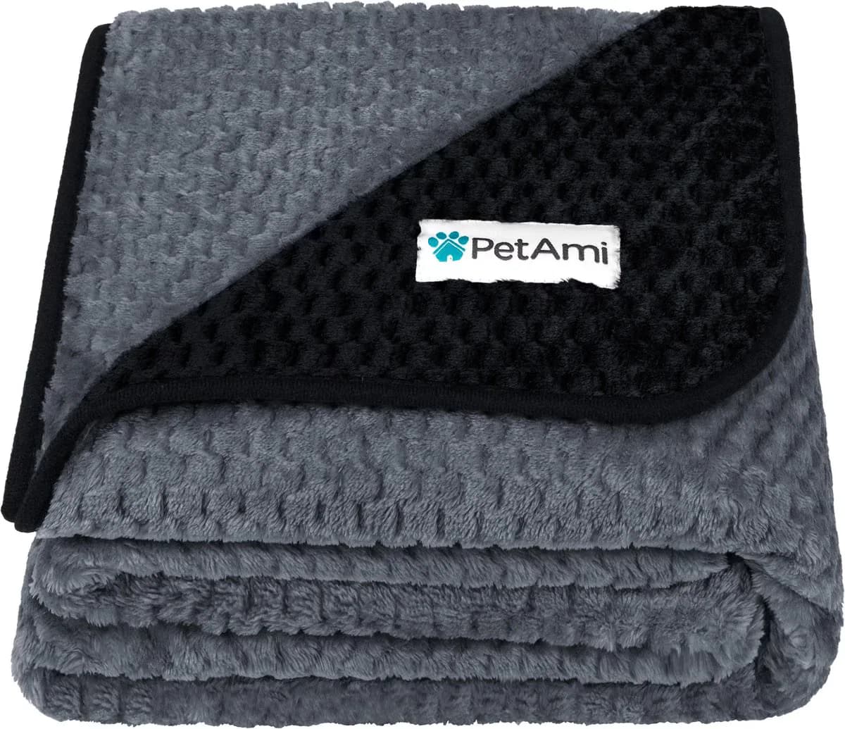 PetAmi Sherpa Fleece Waterproof Waffle Cat & Dog Blanket - Black/Gray, Large
