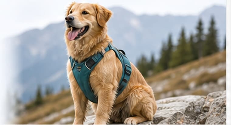 Dog wearing a trail harness in the mountains